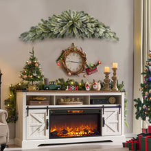 Load image into Gallery viewer, Decorated living room with a fireplace, Christmas trees, large flocked Christmas swag and festive decorations.