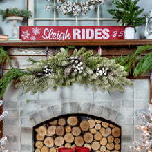 Load image into Gallery viewer, Decorated fireplace with Christmas swag on mantel, including a sign and winter greenery.