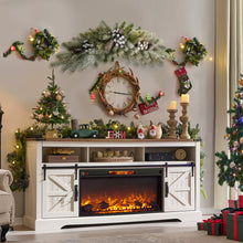 Load image into Gallery viewer, Decorated living room with Christmas garland, trees, fireplace, and festive decorations.