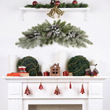 Load image into Gallery viewer, Christmas flocked swag on mantel with wreaths, candles, and small trees on a white fireplace.