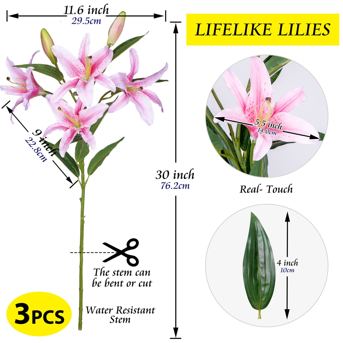 plastic lily flower Grand Verde Lilies Artificial Flowers Bouquet 30 Long Stems, 3pcs Bundle (Yellow)