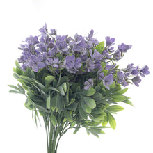 Load image into Gallery viewer, purple artificial flowers green leaves