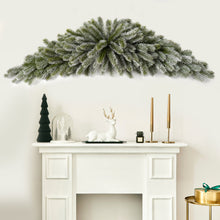 Load image into Gallery viewer, Christmas flocked swag on a white wall above a fireplace with festive decor.
