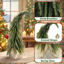 Load image into Gallery viewer, Decorative curved Christmas tree with vivid branches, and burlap base on a table 
