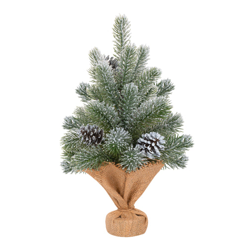 Artificial Christmas tree with pinecones in a burlap bag