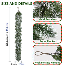 Load image into Gallery viewer, Christmas garland 60 inches long, snow-flocked branches, and hook for easy hanging.
