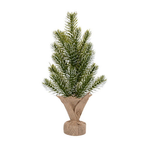 Small artificial Christmas tree in a burlap bag