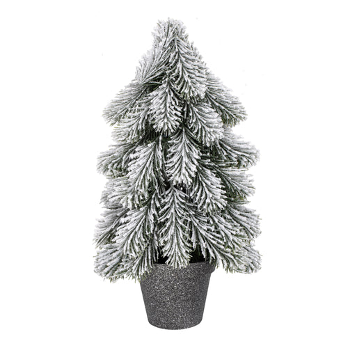 Frosted artificial Christmas tree in a pot