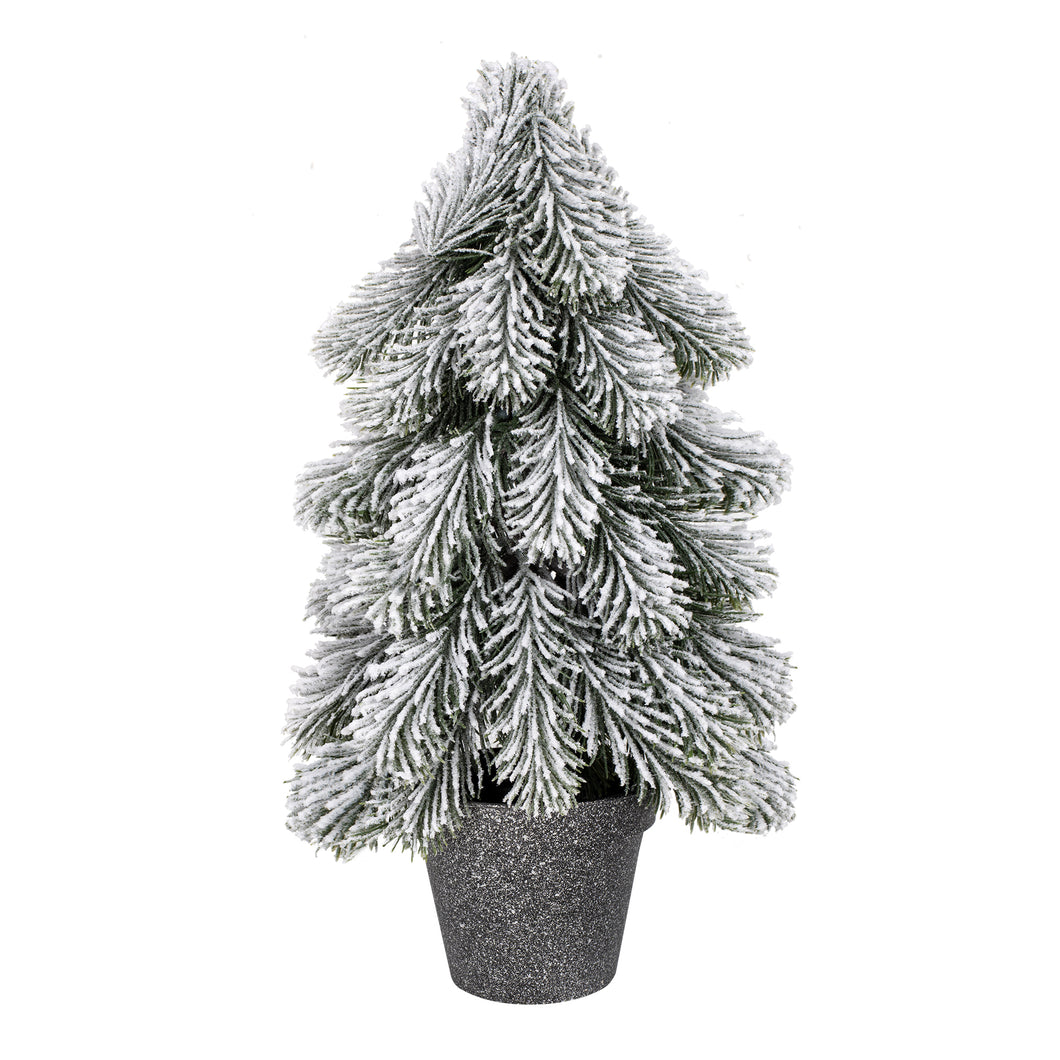 Frosted artificial Christmas tree in a pot