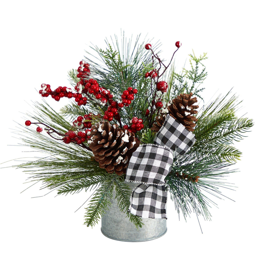frosted pinecones red berries artificial Christmas arrangement