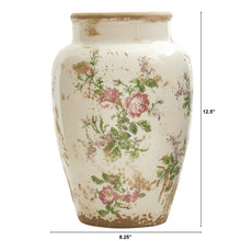 Load image into Gallery viewer, Tuscan ceramic ivory pink floral print vase 12 inches tall
