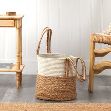 Load image into Gallery viewer, Handwoven Basket with Handles ivory brown boho chic home decoration
