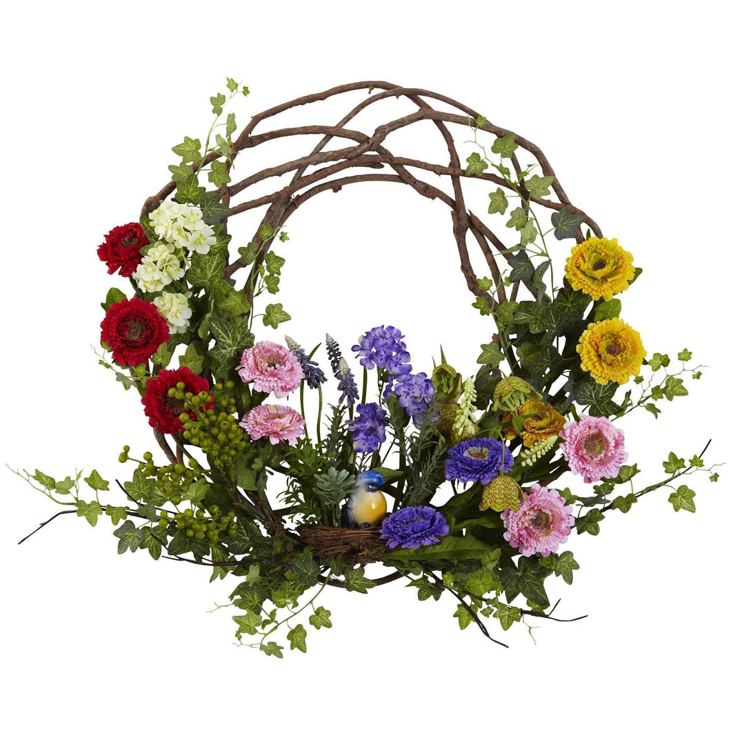 artificial floral wreath red pink purple flowers bird nest stems green leaves