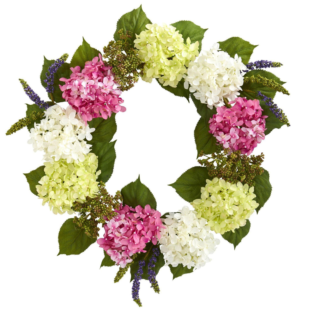 Hydrangea artificial wreath lifelike blooms white green pink