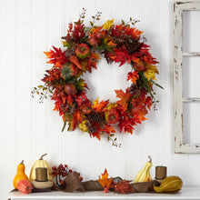 Load image into Gallery viewer, Autumn artificial wreath Maple leaves pumpkins berries Fall decoration
