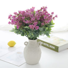 Load image into Gallery viewer, magenta violet artificial flowers green leaves office décor 

